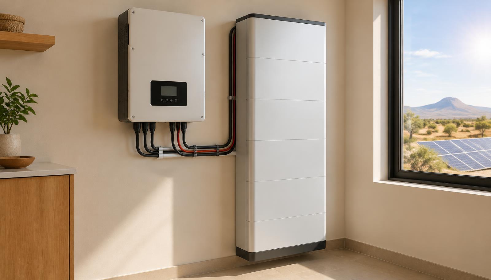 Onduleur hybride solaire et batterie de stockage installés sur un mur intérieur, illustration
