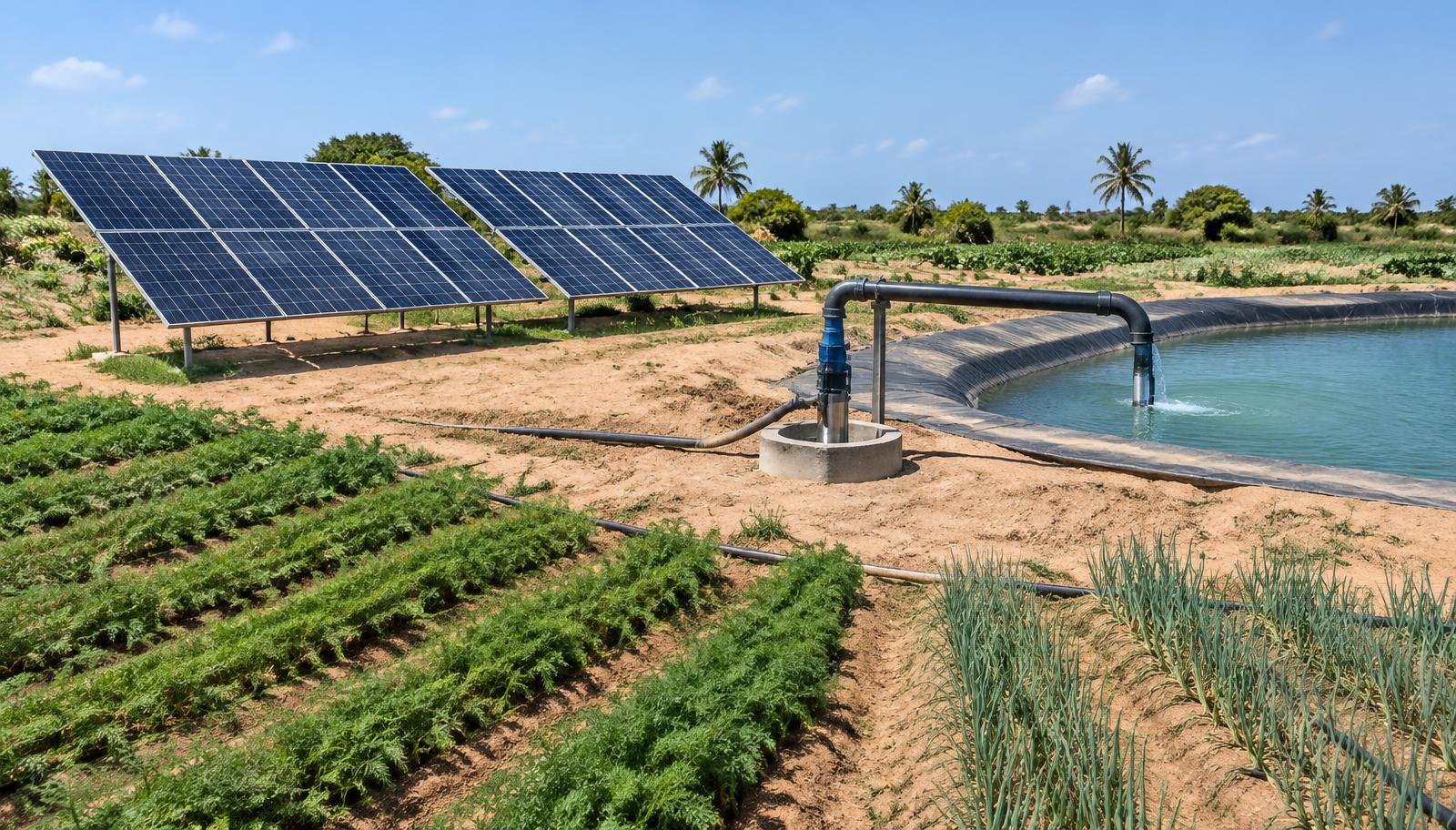 Champ solaire et pompe immergée alimentant un bassin d'irrigation au milieu de cultures maraîchères, illustration