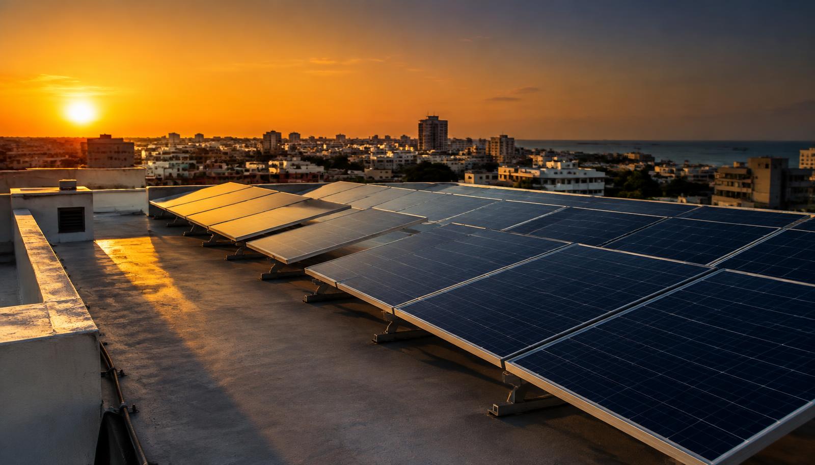 Installation de panneaux solaires sur une toiture à Dakar au coucher du soleil, illustration
