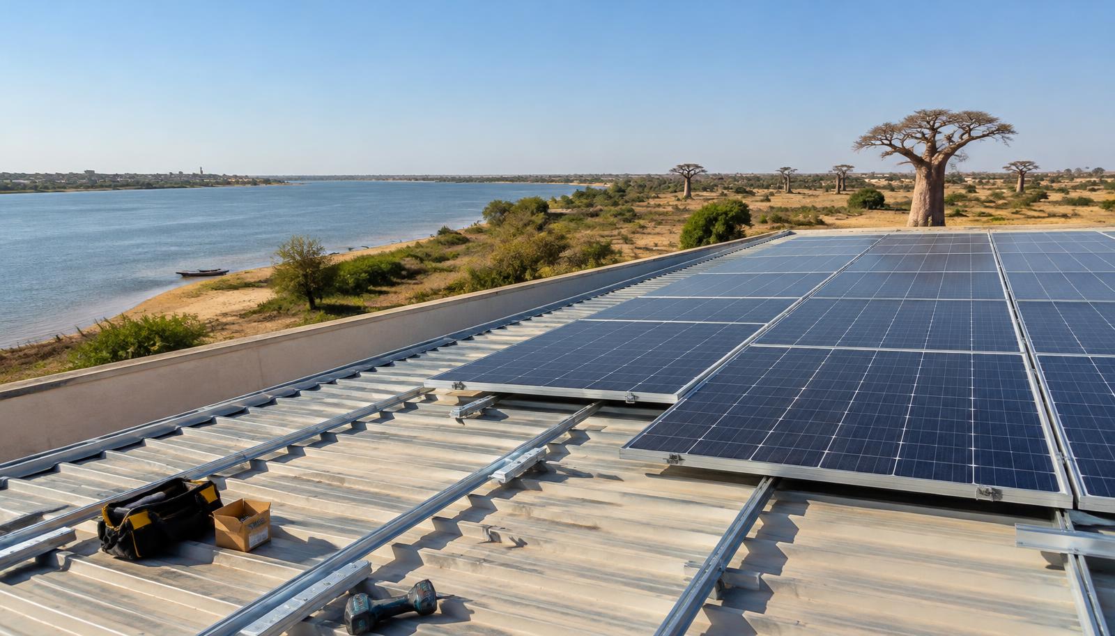 Champ de panneaux solaires installé sur un toit de bâtiment près du fleuve avec des baobabs, illustration